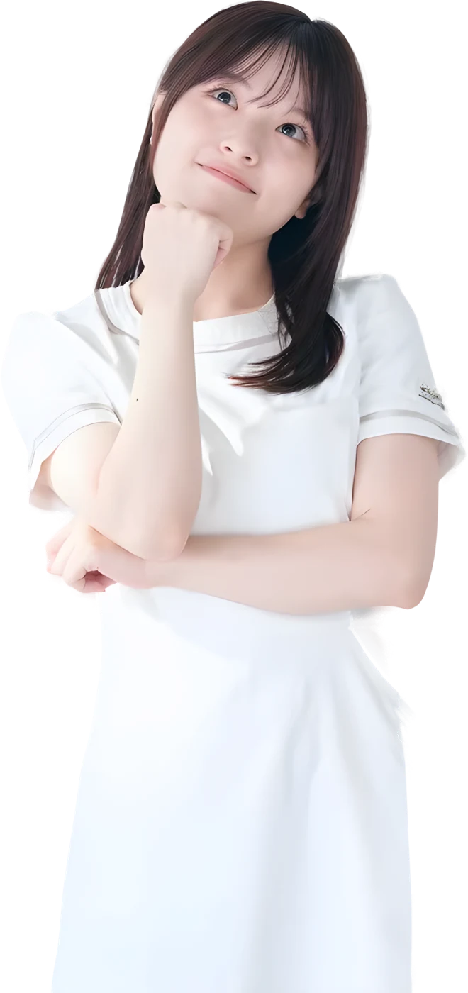 あごに手を当てて考えるAIお届け係の石川 鈴菜